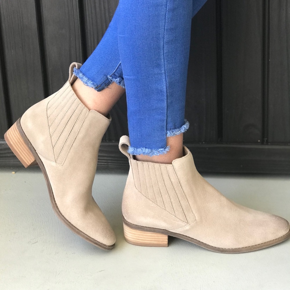 Almond Suede Distressed Slip On Ankle Boots